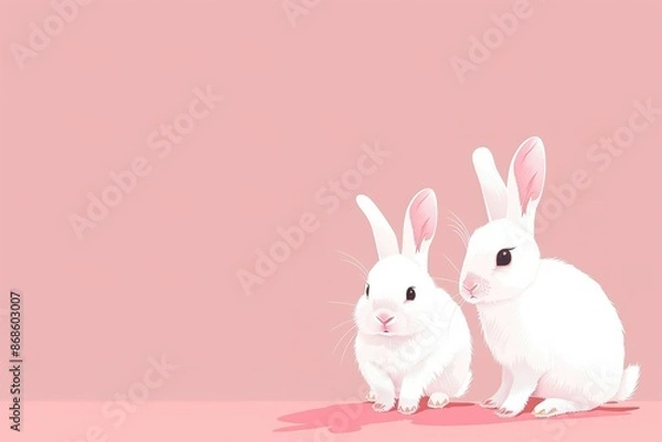 Fototapeta Isolated in pastel pink background, flat illustration style, with rabbits