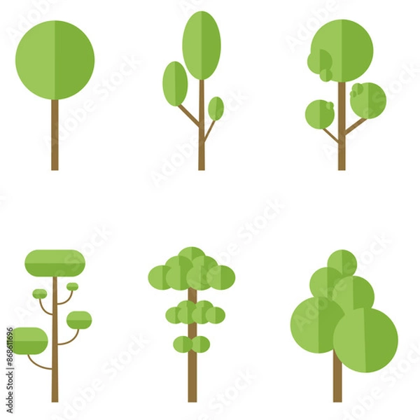 Fototapeta Trees for landscape design. A set of colored pictographs of trees for an architectural map, plan. Green spaces. An element highlighted in white. Vector illustration. A set for a design project