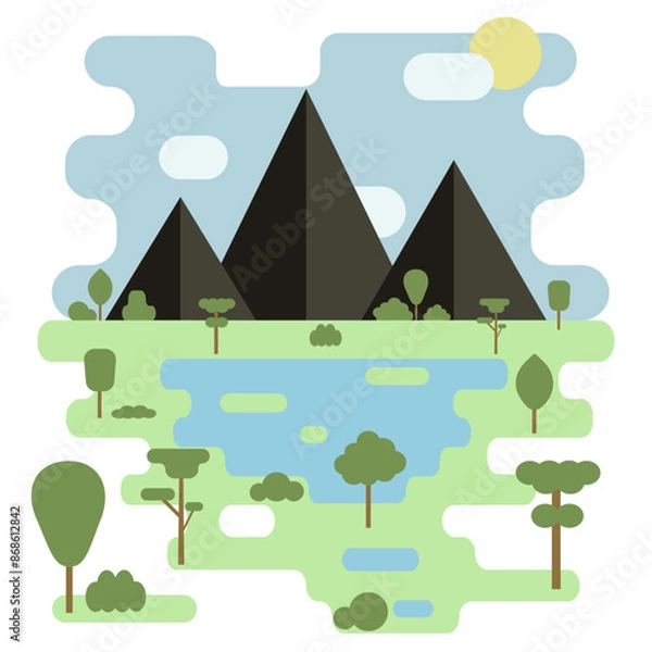 Obraz Nature, mountains, ecological landscape, design of a color flat vector illustration. A landscape of cloudy mountains with trees and water.