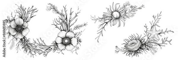 Fototapeta Line Art Wreath. Wedding Invitation Set with Sketched Sea Floral Designs