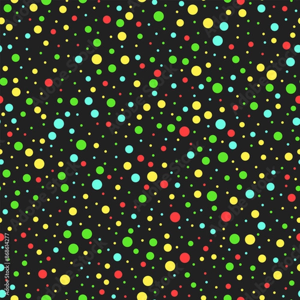 Obraz Multicoloured dots on black background. Abstract vector seamless patterns. Best for textile, wallpapers, wrapping paper, package and web design.