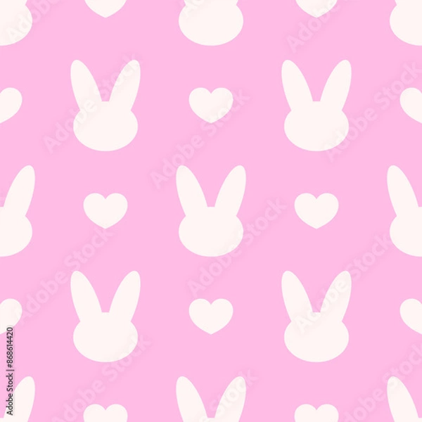 Fototapeta White bunnies heads silhouettes and hearts on pink background. Vector seamless pattern. Best for textile, print, wallpapers, and festive decoration.