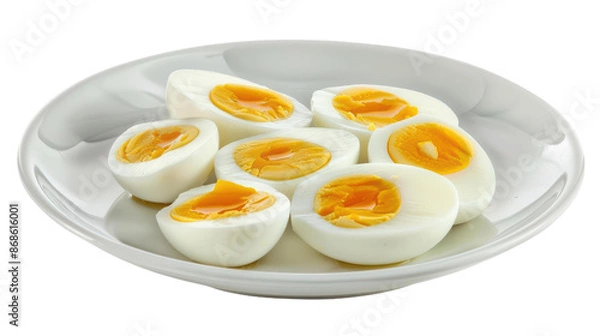 Fototapeta Freshly Boiled Eggs on Ceramic Plate with Soft Yolk in White and Yellow Tones for Breakfast