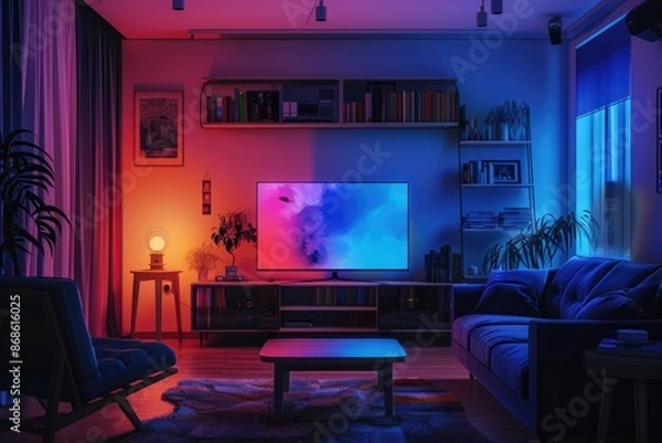 Fototapeta TV Night. Interior Living Room Mockup with Television Screen and Furniture