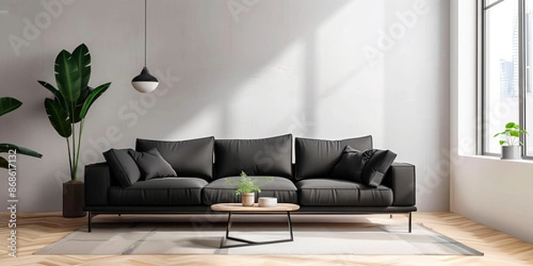 Fototapeta Modern living room with black sofa, indoor plants, and wooden coffee table in bright natural light
