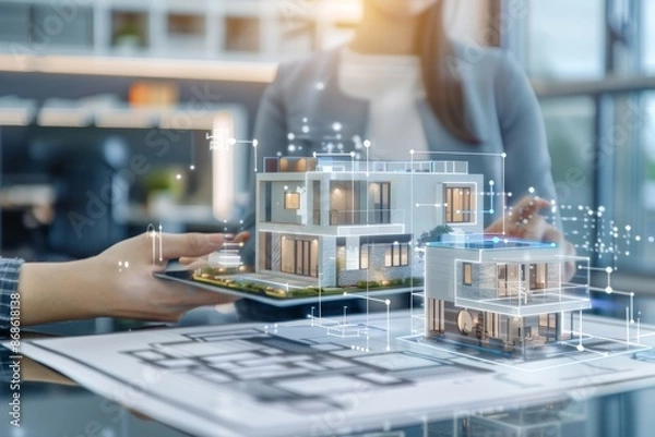 Fototapeta Architect Presenting a 3D Model of a House on a Tablet