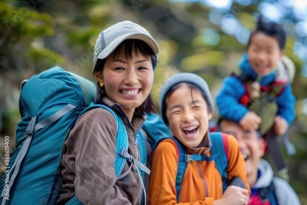 Fototapeta Japanese family exploring a mountain trail, hiking and adventure, teamwork and joy, stunning natural backdrop