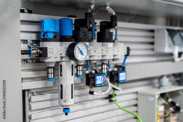 Fototapeta Compressed air preparation unit with pressure gauge 6 bars and two digital gauges mounted on the wall of technology