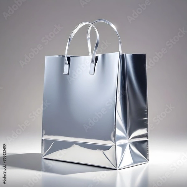 Obraz Close up isolated shiny silver gift bag with copy space