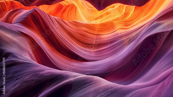 Fototapeta abstract, colorful canyon with undulating patterns and layers in shades of orange, purple, red, yellow, and pink. Nature photography or unique landscape image.