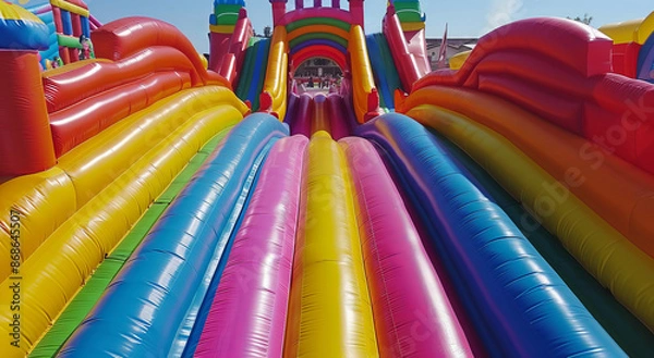Fototapeta Inflatable rainbow slide with long tube and inflatable castle in background, top view. In between the two is an archway that has no end or entrance.