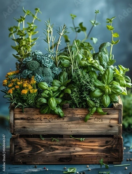 Obraz Variety of Fresh Herbs and Vegetables in Rustic Wooden Crate

