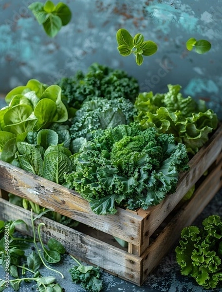 Obraz Assorted Leafy Greens in Wooden Crate
