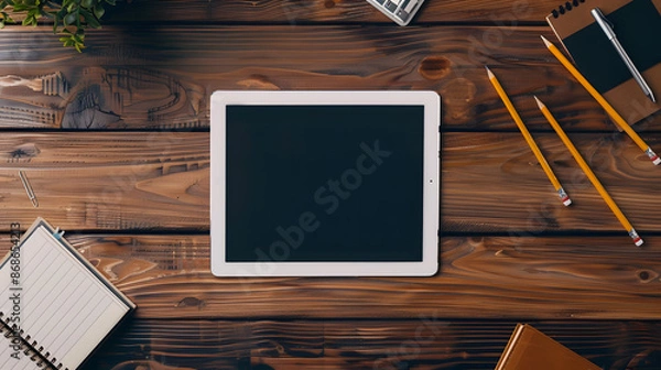 Obraz top view photo of tablet mockup on a high quality wooden table