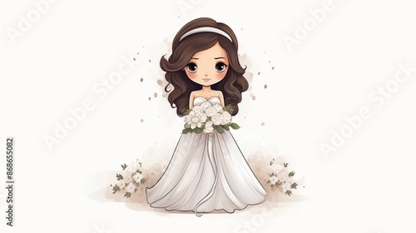 Obraz Illustration of In the ethereal atmosphere of their romantic wedding, the bride gracefully holds her bridal bouquet, radiating romance and enchantment throughout their joyous celebration.