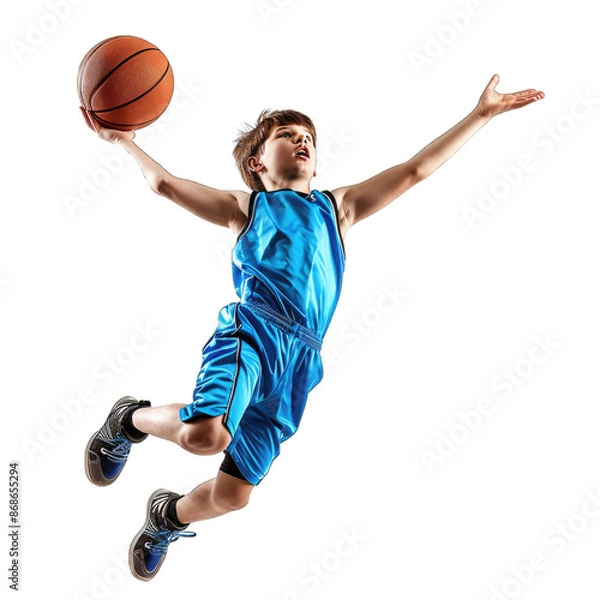 Fototapeta Boy in Blue Jersey Jumping With Basketball , Dynamic Sports Posture Capturing Motion.. Isolated on a Transparent Background. Cutout PNG.