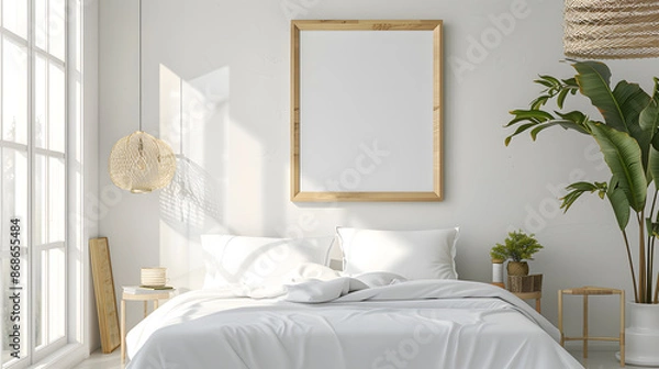 Fototapeta Scandinavian simple interior design bedroom with empty poster mockup on the wall