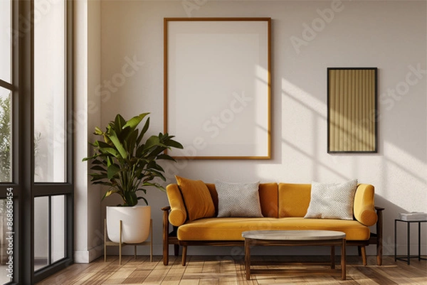 Fototapeta Frame mockup, ISO A paper size. Home Office wall poster mockup. Interior mockup with office background. Modern interior design.