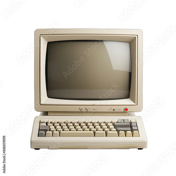 Fototapeta Old Classic Computer With Detailed Photo and Clipping Path. Retro Computing Device Clean . Cyber. Isolated on a Transparent Background. Cutout PNG.