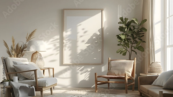 Obraz Scandinavian simple interior design living room, dining room with empty poster mockup on the wall