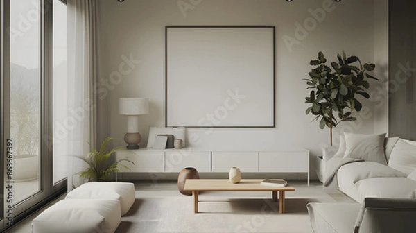 Fototapeta Modern interior design living room, dining room with empty poster mockup on the wall