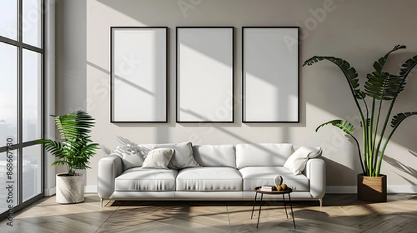 Fototapeta Modern interior design living room, dining room with empty poster mockup on the wall
