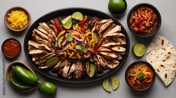 Obraz fajitas of fried meat strips, onion, julienned green, yellow and red bell peppers served on table