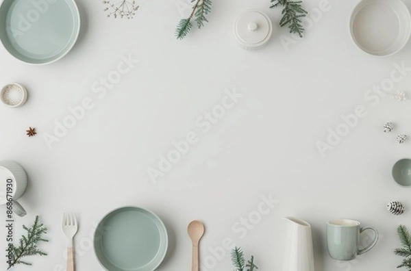 Fototapeta A minimalist tabletop scene with green and white dishes, cutlery, and sprigs of greenery arranged around a blank space.  Perfect for food or lifestyle photography.