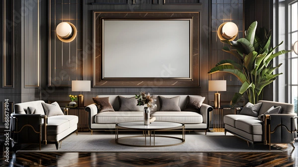 Fototapeta Art deco design living room with a wall mockup poster