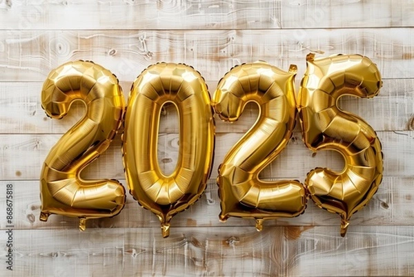 Fototapeta New Year 2025 celebration. Golden metallic foil balloons, 2025 numbers Isolated on wooden background. New years eve Party, greeting card