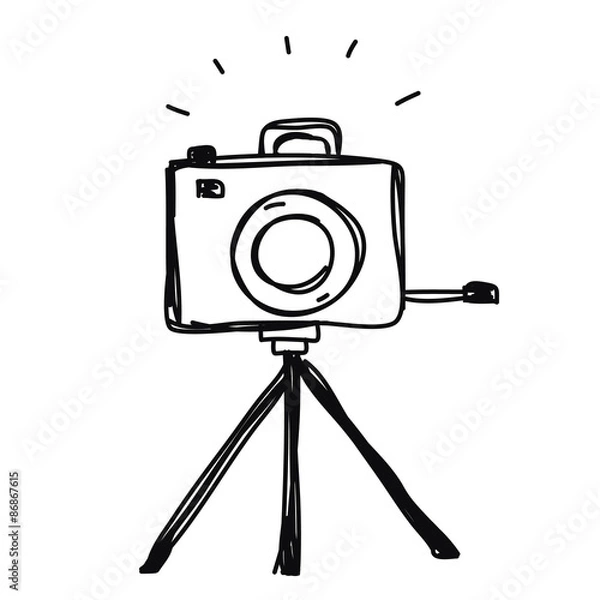 Fototapeta camera with tripod hand drawn vector