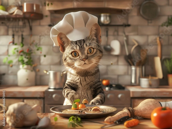 Obraz A cat chef cooks in an old-fashioned kitchen