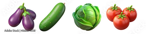 Fototapeta Vegetables 3d icon set. tomato, cucumber, eggplant, cabbage. Isolated icons, objects on a transparent background