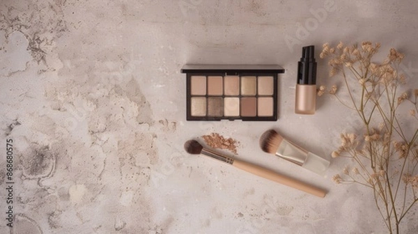 Obraz Makeup Brushes and Palette on a White Textured Surface