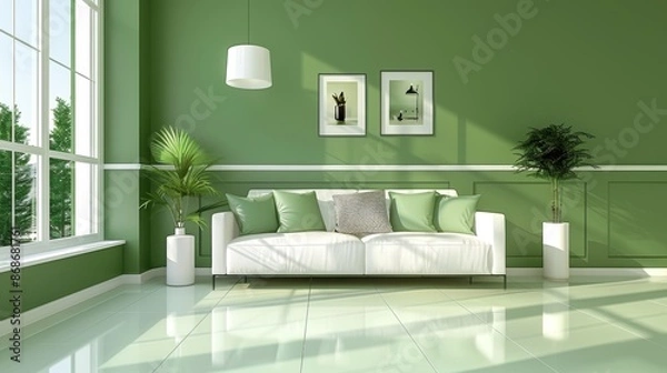 Fototapeta An elegant and stylish living room with a green color scheme, designed with a minimalist approach. The photo offers significant copy space, perfect for incorporating text or graphics into your