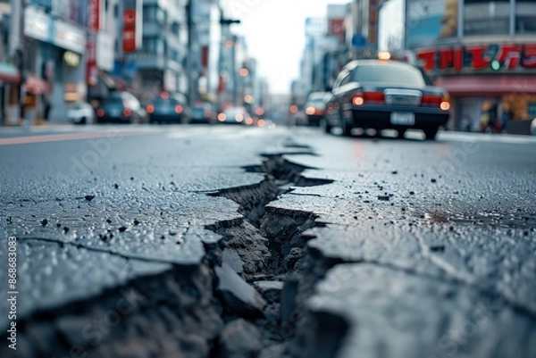 Fototapeta in a busy city street there is a road with a long crack