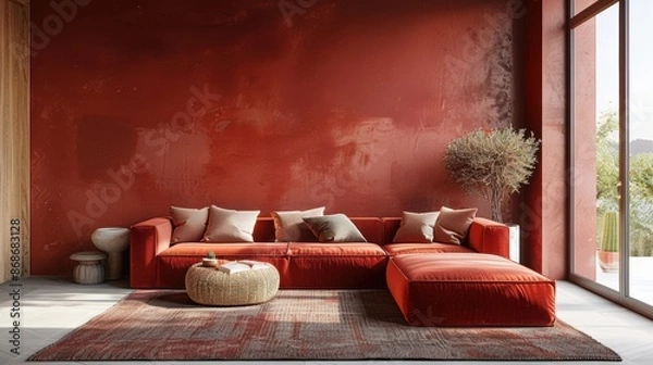 Fototapeta A stylish living room decorated in bold maroon tones, with minimalist furnishings and a modern, sophisticated feel. The image offers plenty of copy space for adding text or graphics.