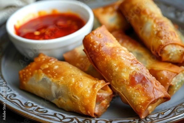 Fototapeta Close-up of Crispy Egg Rolls with Sweet and Sour Sauce