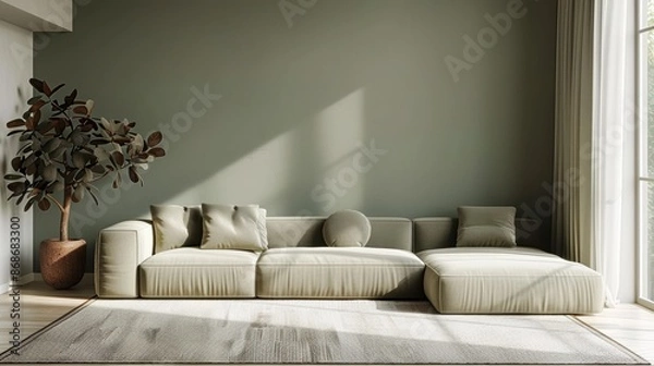Fototapeta A minimalist living room decorated in soft olive tones, with minimalist furnishings and a clean, uncluttered layout. The image provides ample copy space for adding text or graphics, suitable for a