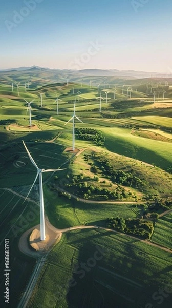 Fototapeta Wind Turbines on Rolling Green Hills Capturing Renewable Energy in a Picturesque Landscape for Sustainable Power Generation, Generative AI