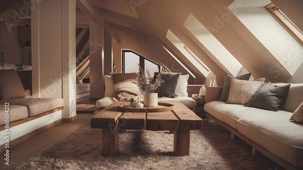 Obraz A warm and inviting photo of a modern, cozy living space. The room features a comfortable sofa, a plush rug, and a rustic wooden coffeetable. The walls are painted in soft, neutral tones.