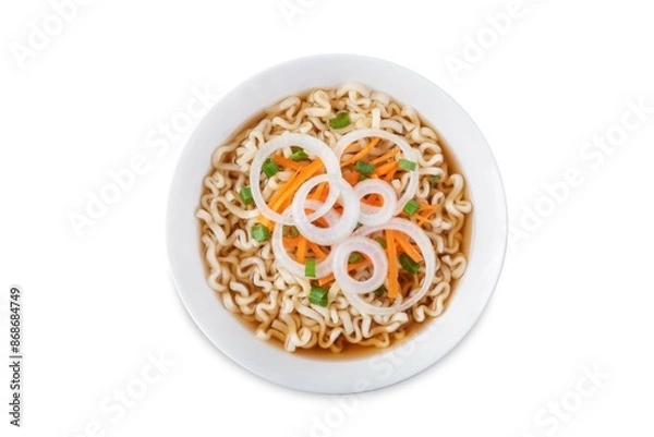 Fototapeta Ramen noodles with carrots and onion slices in a bowl. on a white isolated background