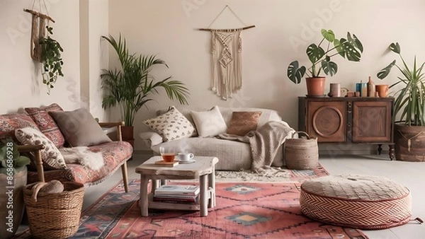 Obraz Boho Chic Living Room, simple and comfortable design