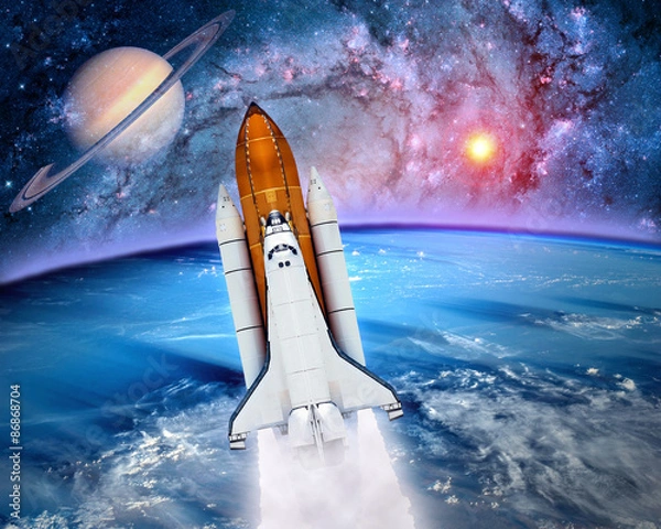 Fototapeta Space ship shuttle rocket launch spaceship Earth saturn planet. Elements of this image furnished by NASA.
