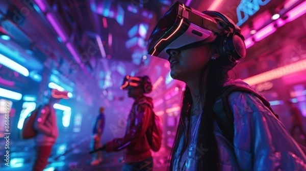Fototapeta A woman wearing a VR headset stands in a brightly lit, futuristic cityscape, looking at something in the virtual world.