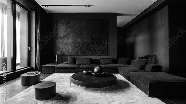 Fototapeta An elegant black living room, with minimalist furnishings and a monochromatic color scheme, creating a sleek and sophisticated ambiance.
