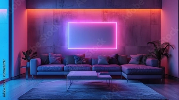 Obraz A modern living room with a neon light fixture, providing a minimalistic and stylish look. The image features plenty of copy space for adding text or graphics, making it ideal for various design
