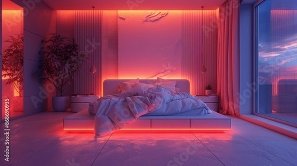 Fototapeta A minimalist bedroom bathed in neon light, with a clean and uncluttered design that exudes a modern and stylish vibe. The image offers ample copy space for customization.
