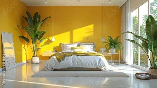 Obraz A modern bedroom with a subtle lemon color scheme, designed in a minimalist style with clean lines and uncluttered space. The image offers plenty of copy space for customization.