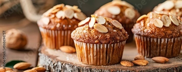 Fototapeta Healthy almond muffins topped with sliced nuts, set against a rustic background. A delicious and nutritious baked treat.